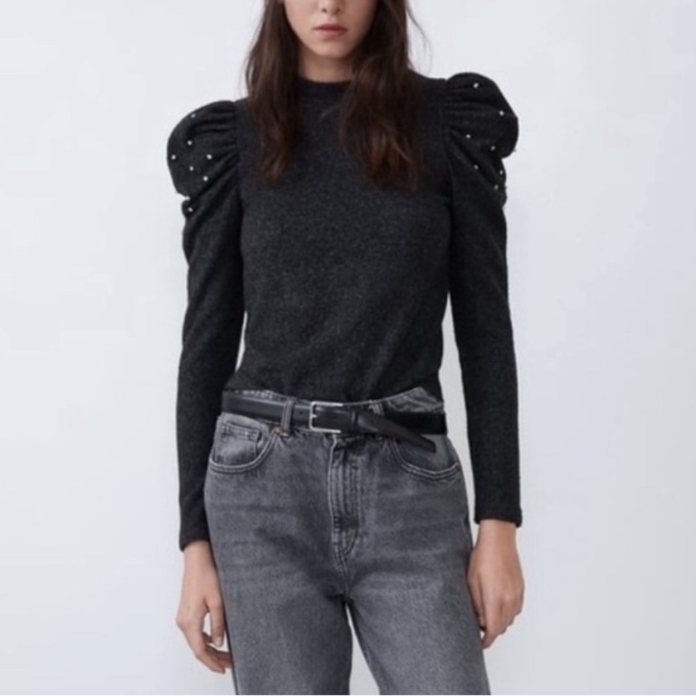 Zara Charcoal Jeweled Puff Sleeve Blouse
